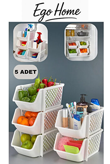 ego home 5 Pieces Organizer, Inside Cabinet, under Sink, Inside Refrigerator Bathroom Organizer Layered Organizer White