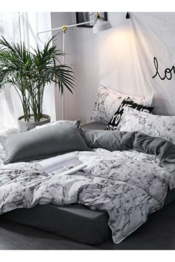 LUNA HOME Single-Size 4-Piece Marble Duvet Cover Set - Reversible Grey & White