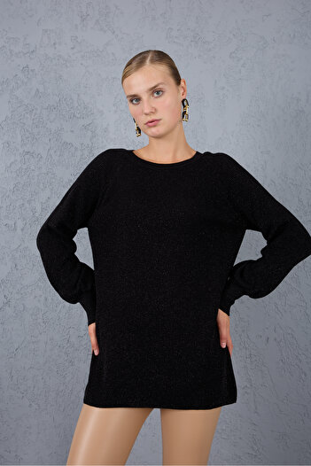 Moda Days Women's Black Raglan Balloon Sleeve Crew Neck Glitter Knit Sweater