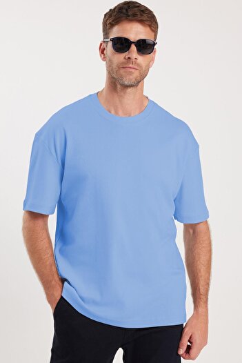 Tudors Μπλε μπλουζάκι Unisex Oversize Wide Cut 100% βαμβακερό με απαλή υφή Basic Crew Neck