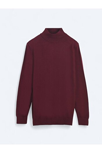 Kip Burgundy Half Turtleneck Plain Knit Wool Blended Sweater
