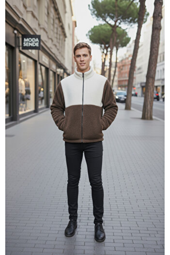İnsane Minds Men's Color Block Plush Jacket Thick Regular Cut Zipper Closure