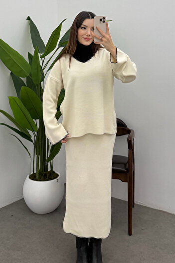 Ladima Women's Ecru Shepherd Stitch Detailed V-Neck Sweater Skirt Knitwear Set