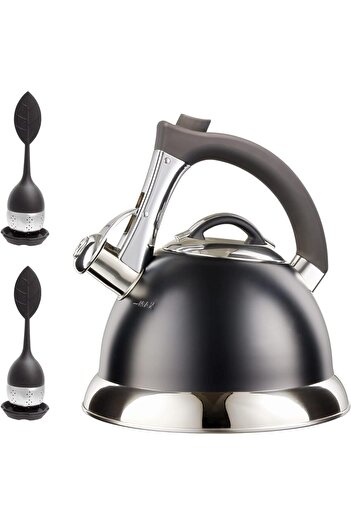 Pykal Whistling Kettle, Stainless Steel, 2.8 L, 2 Infusers, iCool Handle, Black