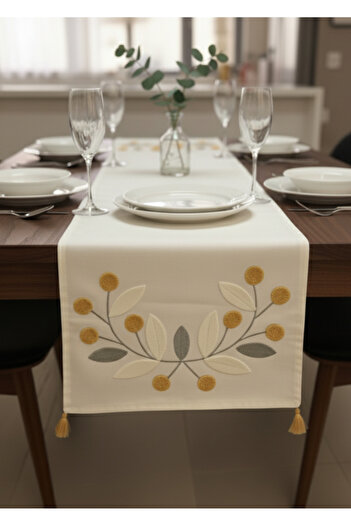 Destiva Home Buldan Handcrafted Floral Pattern Embroidered Yellow Tasseled Cotton Runner (40X130 cm)