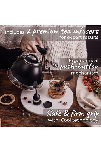 Pykal Whistling Kettle, Stainless Steel, 2.8 L, 2 Infusers, iCool Handle, Black