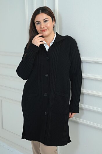 By Saygı Women's Hair Braided Pocketed Plus Size Padded Knitwear Cardigan