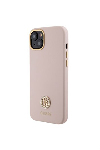 Guess iPhone 15 Plus Case - Pink Silicone with Logo & Strass