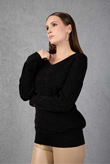 Moda Days Women's Black Glitter Thessaloniki Knitwear Diamond Pattern Wide Cuff V-Neck Knitwear Sweater