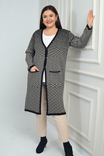 By Saygı Women's Herringbone Patterned Large Size Long Knit Cardigan with Pockets