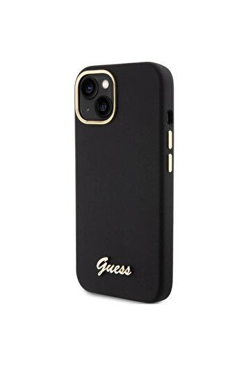 Guess Case for iPhone 15 Black HC Silicone Script Metal Logo & Frame