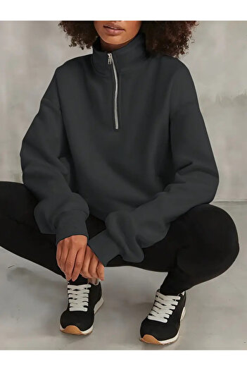 AEMİ Unisex Oversized Sweatshirt with Half Zipper