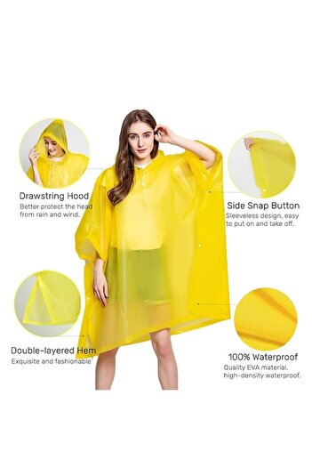 Optim Solution Adult EVA Rain Poncho, Waterproof, Windproof, Hooded, Side Snaps, Unisex, Yellow
