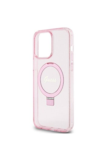 Guess IML Ring Stand Glitter MagSafe Protective Case for iPhone 15 Pro Max - Pink