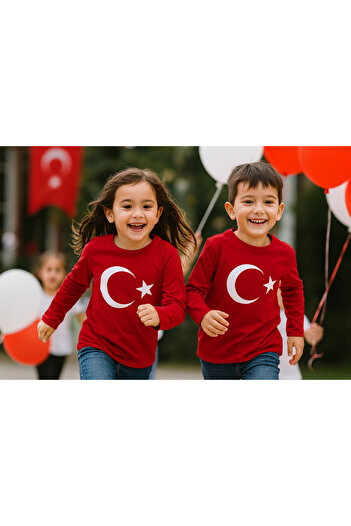 Yollo Kids Unisex Çocuk Uzun Kollu Kırmızı Ay-Yıldızlı Tişört 100% Pamuk 29 Ekim Kutlama