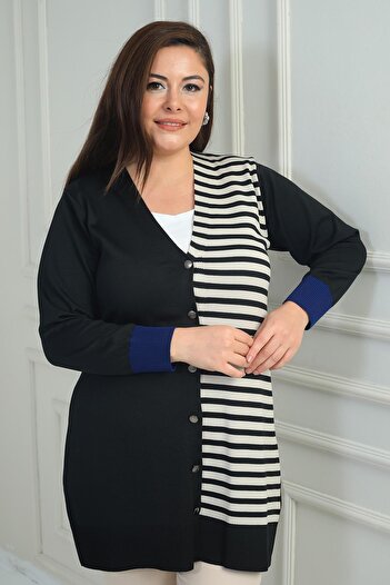 By Saygı Women's One Side Diagonal Striped Plus Size Long Cardigan