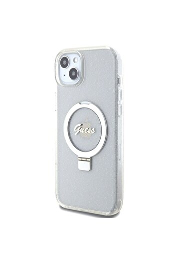 Guess hard transparent case for iPhone 15 Plus with ring stand, script glitter, MagSafe