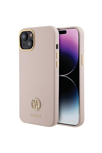 Guess iPhone 15 Plus Case - Pink Silicone with Logo & Strass