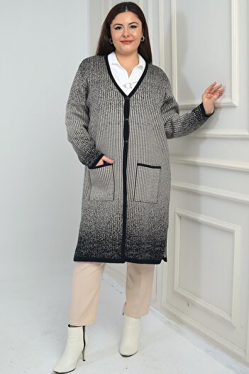 By Saygı Women's Karyağdı Checkered Pocketed Plus Size Knitwear Long Cardigan