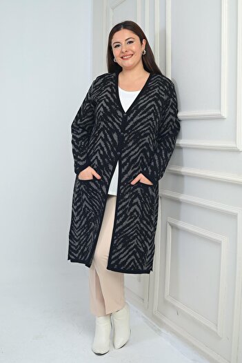 By Saygı Women's Zebra Patterned Large Size Knitwear Long Cardigan with Pockets
