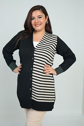 By Saygı Women's plus size long cardigan with single-sided horizontal stripes