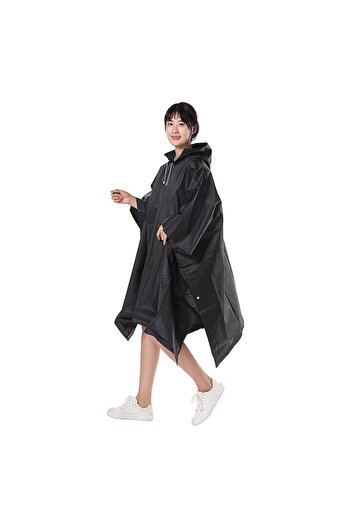 Optim Solution Rain Poncho for Adults, EVA, Waterproof, Windproof, Hooded, Side Snaps, Unisex, Black