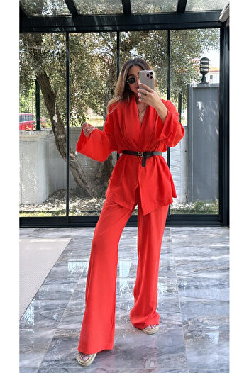 My Blog Dark Orange Shawl Collar Kimono Pants Set - 98655