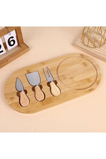 STOREMAX Goldwhirl Bamboo Cheese Serving Plate, 3-Piece Cheese Knife and Fork Set, Total 4 Pieces, and Stylish Ba