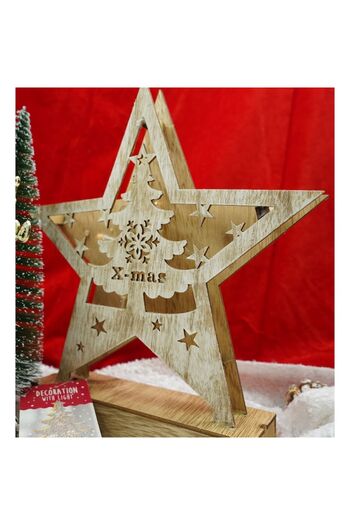 GOLD MARKET Wooden Light-Up Star Decoration with 'Merry Christmas' Inscription, White, Indoor/Outdoor