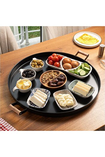 STOREMAX Metal 51cm Black Metal Tray with Wooden Handles Round Tea Tray Presentation Tray Large Tray with Wooden Handles