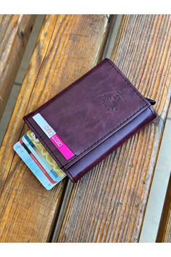 KızılkayaStore Unisex Leather Mechanized Automatic Sliding Card Holder Wallet (7Cmx10Cm)