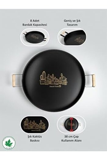 STOREMAX Goldwhirl Metal 37cm Black Metal Tray with Wooden Handles Round Tea Tray Presentation Tray with Wooden Handles
