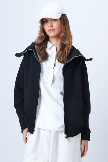 VAGGON Zippered Wide Collar Long Sleeve Sweatshirt