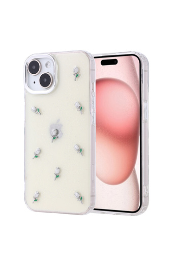 UnDePlus Apple iPhone 15 Case Embossed Butterfly-Cherry-Flower Design Transparent Pole Cover