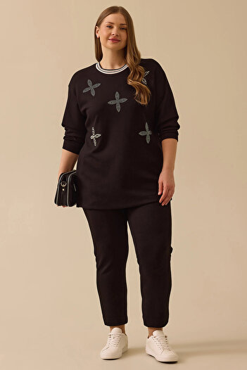 Gala-Xi Galaxi Women's Plus Size Stone Detailed Sweatshirt 4002 Black