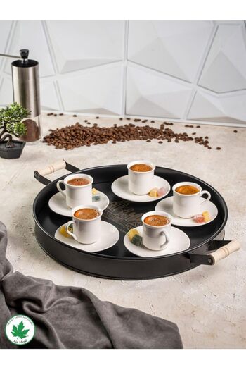 STOREMAX Metal 37cm Black Metal Tray with Wooden Handles Round Tea Tray Presentation Tray Coffee Tray with Wooden Handles