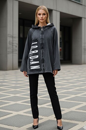 Kübra Tekstil Women's Anthracite Long Sleeve Hooded Plush Lined Zippered Oversize Jean Jacket – Women's Coat