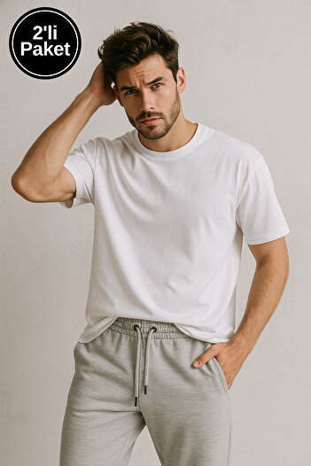 Rich Men's Gray Relaxed Fit Elasticated Cuff Sweatpants - White Basic T-Shirt Package