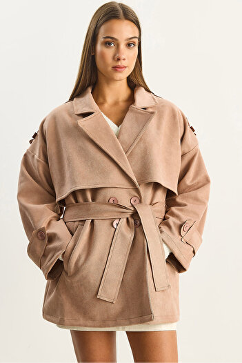 Bianco Lucci Women's Kruaze Collar Aller Detailed Epaulet Belted Pocketed Suede Trench Coat 99007 60283661