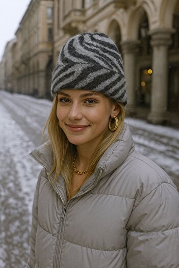 MARBERRY Gray Zebra Patterned Women's Beanie
