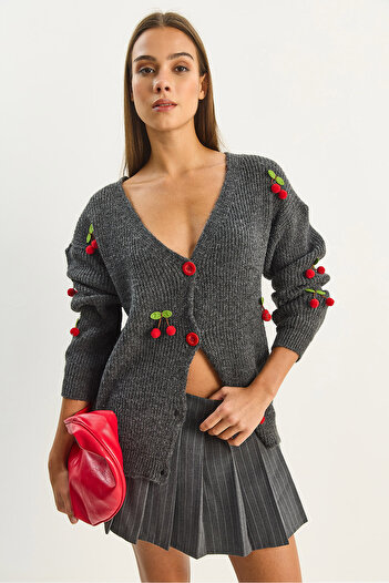 Bianco Lucci Women's V-Neck Cherry Accessory Knitwear Cardigan 60283662