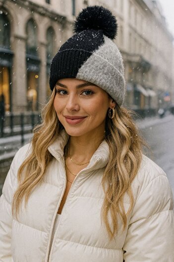 MARBERRY Black Patterned Women's Beanie with Fleece Inside