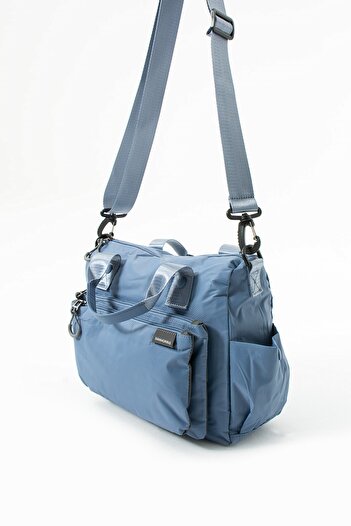 Paul Brand Water Resistant Crinkle Fabric Multi-Pocket Sport Model Column Strap Blue Women's Cross Shoulder and Hand Bag