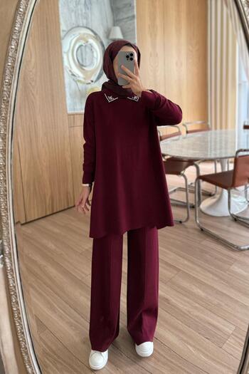 Ka Hijab Slit Detail Collar Stoned Mercerized Suit - Burgundy