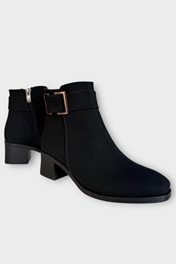 Liger Buckle Detailed Thick Heel Pointed Toe Women's Boots Black - Black