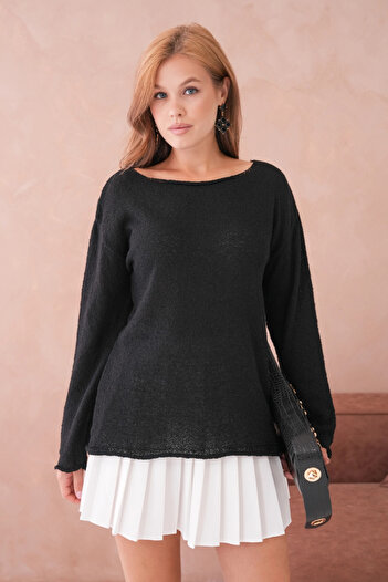 Park Karon Women's Black Basic Oversize Boat Neck Textured Knit Sweater 8529Sw
