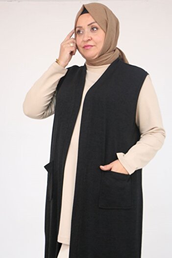 Eslina 54012 Large Size Wear-Off Mir Vest with Pockets - Black