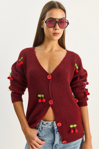Bianco Lucci Women's V-Neck Cherry Accessory Knitwear Cardigan 60283662