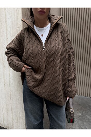 kenza'a Cardigan oversize din tricot cu jumătate de fermoar împletit în păr