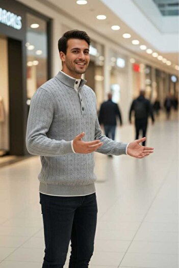 Boris Becker Ayon Gray Color Buttoned Collar Hair Knit Cashmere Knitwear